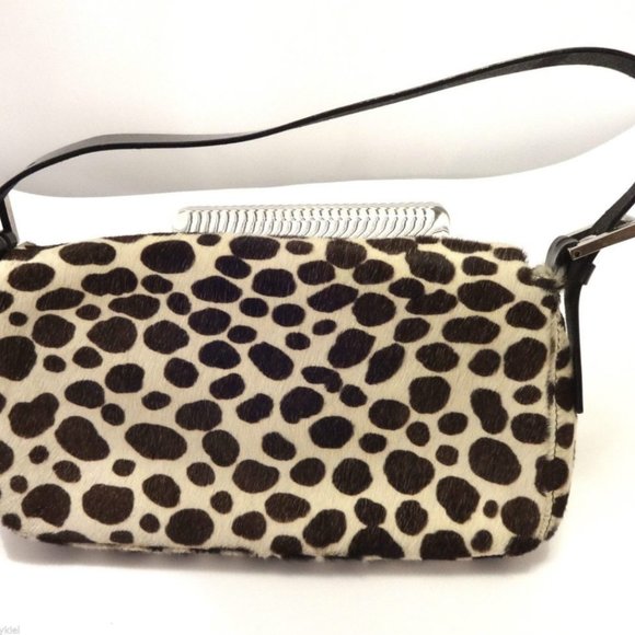 BROWN & WHITE ANIMAL HAIR SHOULDER BAG BLACK LEATHER ACCENT W/SILVER CLASP-NEW!! - Picture 2 of 3